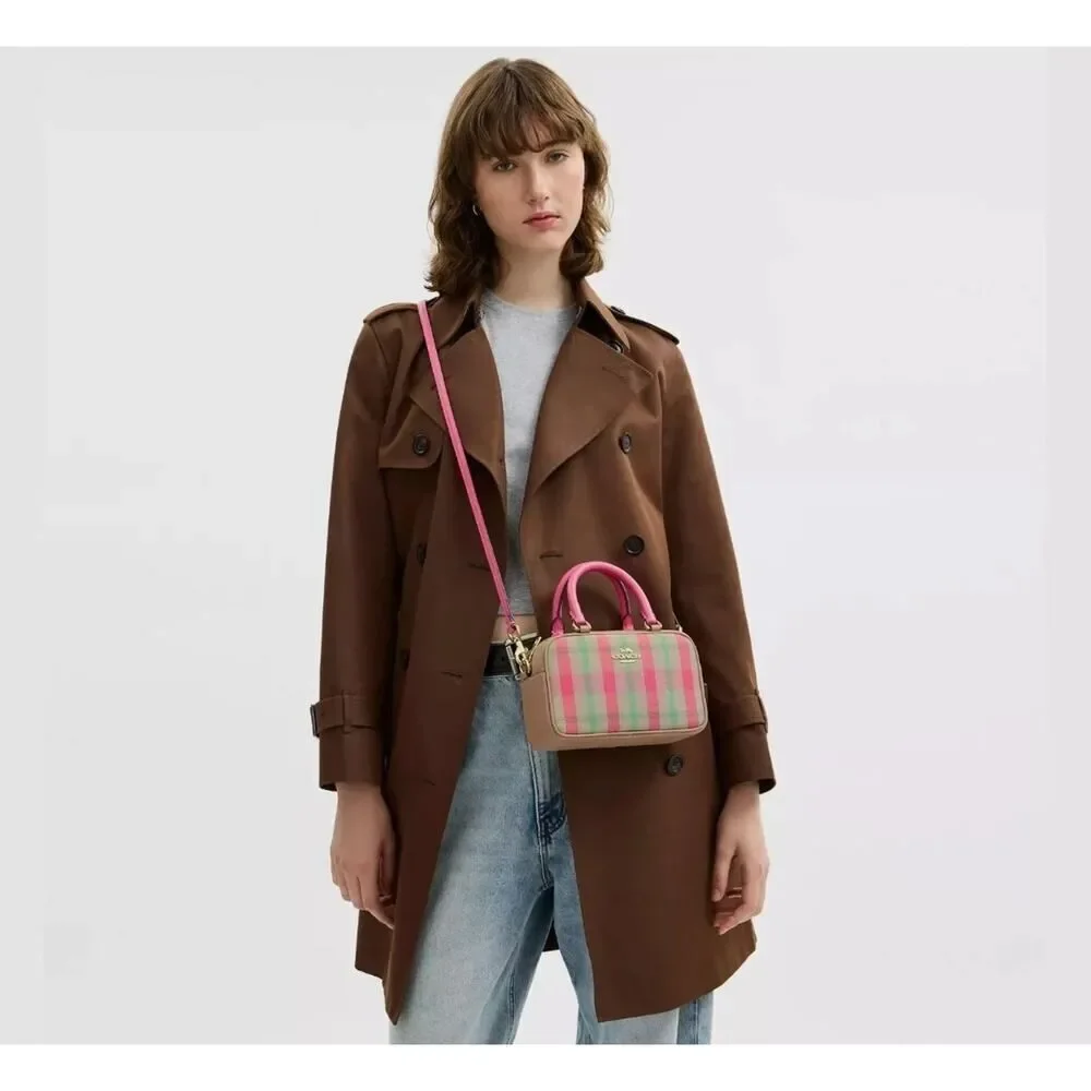 NWT Coach Satchel Crossbody Bag With Plaid Print CBI90 Pink Multi Authentic - Picture 9 of 10